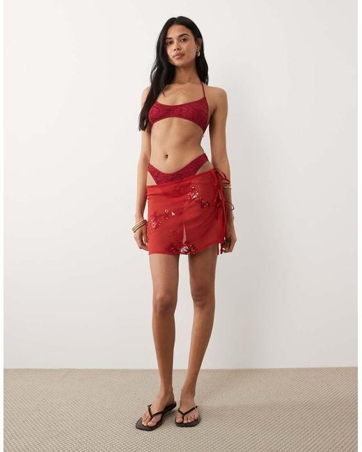 Miss Selfridge Red Beach Floral Sequin Mini Tie Side Sarong