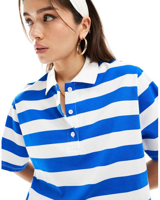 Stradivarius Blue Oversized Stripe Polo Top