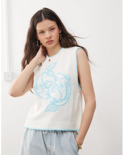 Reclaimed (vintage) White Knitted Tank With Fish Print