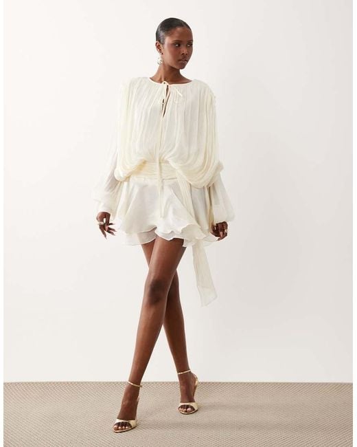 Lioness Natural Elements High Sheen Chiffon Drape Detail Balloon Sleeve Tie Waist Mini Dress
