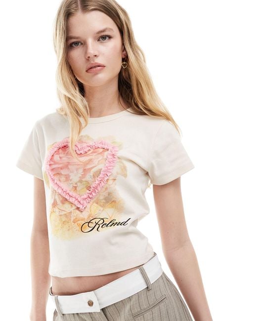 Reclaimed (vintage) White Baby Tee With Mesh Heart Ruffle And Floral Print