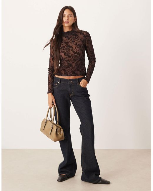 ASOS Brown High Neck Sheer Mesh Paisley Flocked Top