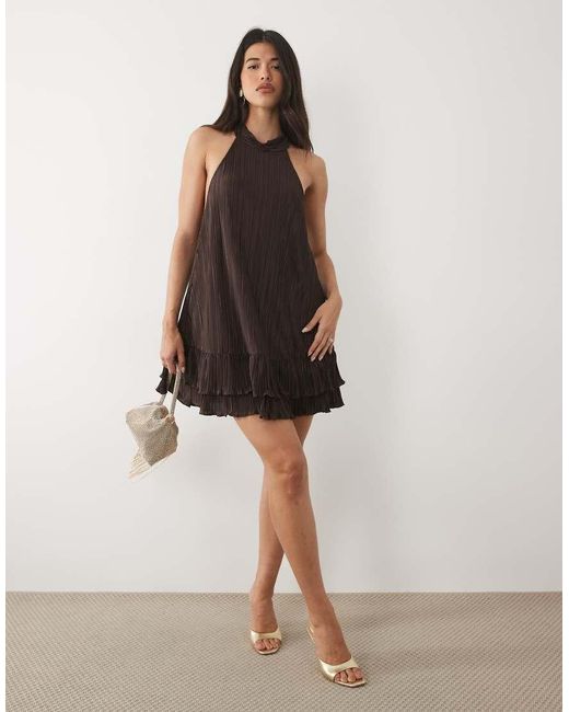 ASOS Black Plisse Halter Neck Mini Dress With Ruffle Hem