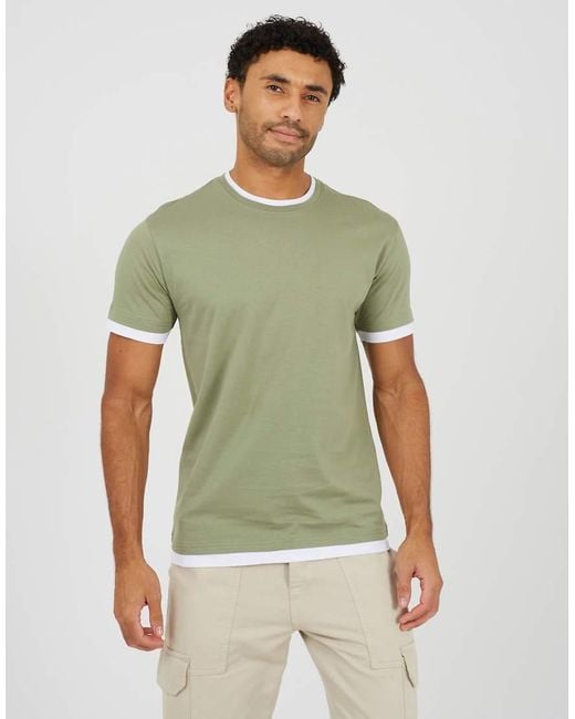 Brave Soul Green Cotton Contrast Trim T-Shirt for men