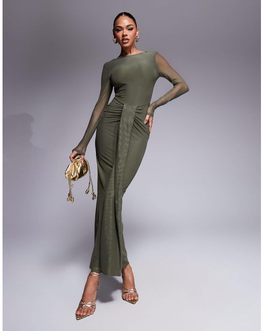 ASOS Green Mesh Long Sleeve Slash Neck Open Back Maxi Dress With Sash