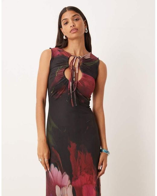 ASOS Multicolor Printed Mesh Maxi Dress With Lettuce Hem And Key Hole