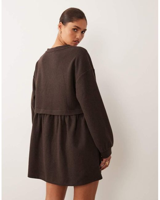 Miss Selfridge Brown V-neck Brushed Rib Mini Smock Dress