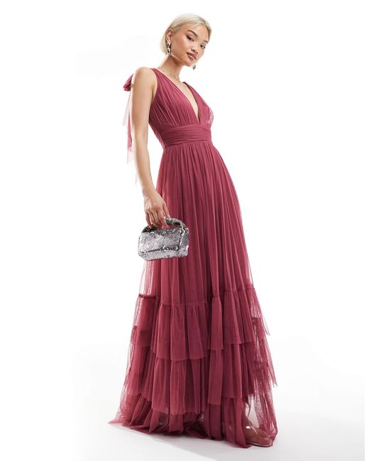 LACE & BEADS Women's Bridesmaid Bow Shoulder Tiered Maxi Dress LACE & BEADS Women's Bridesmaid Bow Shoulder Tiered Maxi Dress