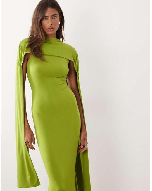 ASOS Green Slinky Sleeveless Maxi Dress With Extreme Cape Shoulder Detail