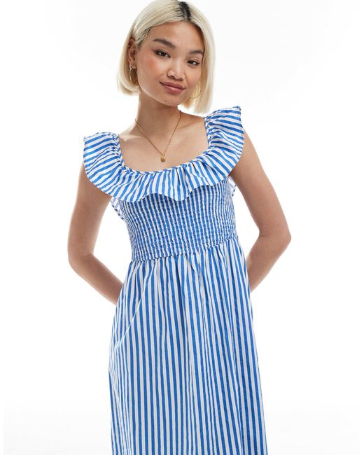 Vero Moda Blue Shirred Bodice Maxi Dress With Frill Sleeve Detail