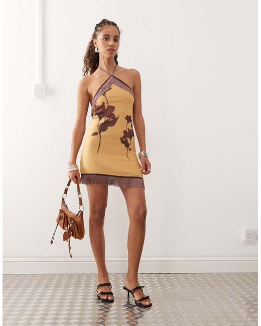 Motel Natural Clooney Fringe Detail Floral Detail Mini Halter Dress