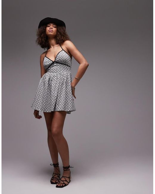 Vestido Corto A Cuadros Vichy Negros Con Cuello Halter De emory park de color Gray