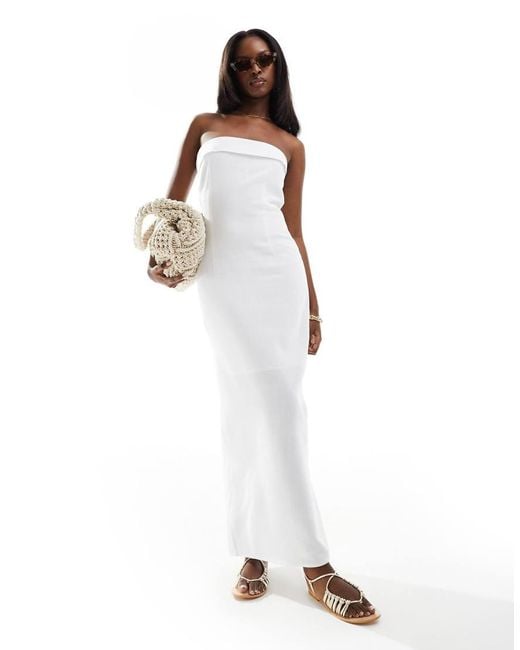 In The Style White Linen Mix Bandeau Fold Over Maxi Dress