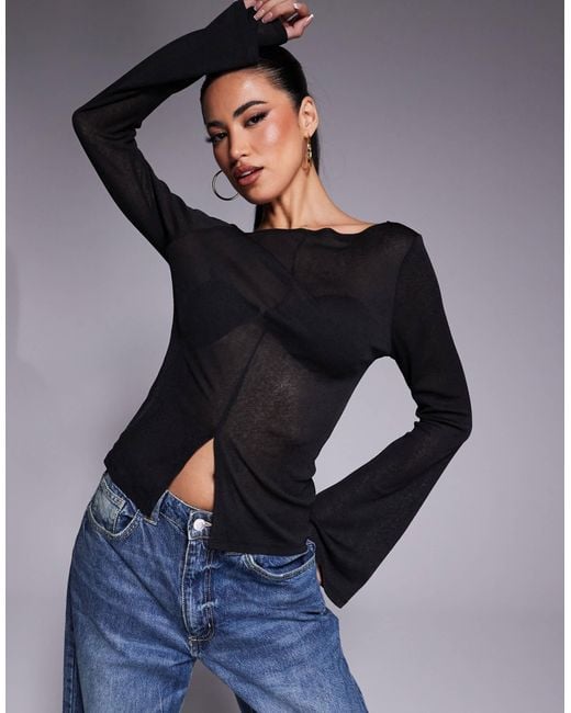 ASOS Blue Mesh Flared Long Sleeve Boat Neck Top With Slit Detail At Front