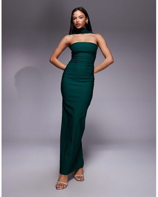 Vesper Bengaline Bandeau Choker Detail Back Button Detail Maxi Dress in  Green | Lyst