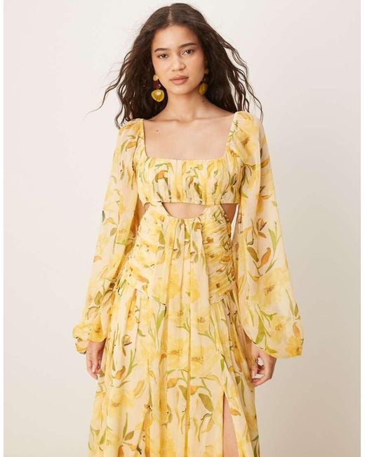 ASOS Yellow Long Sleeve Cut Out Maxi Dress With Ruched Skirt