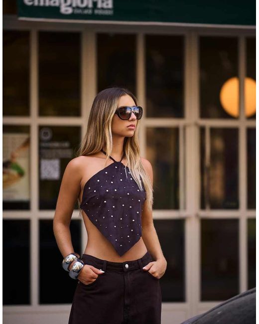 Bershka Black Faux Suede Top With Studs