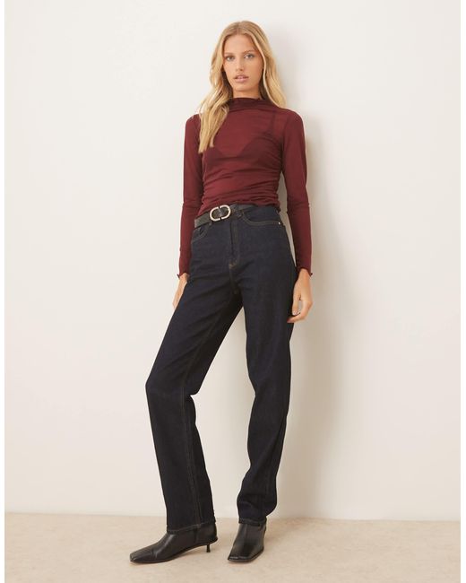 ASOS Red High Neck Mesh Semi Sheer Long Sleeve Top