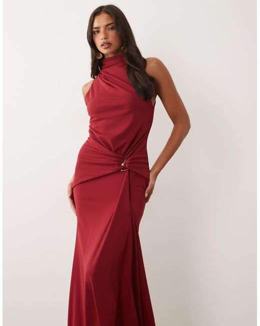 ASOS Red High Neck Drape Maxi Dress With Trim Detail