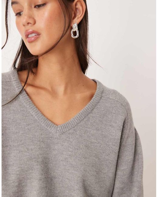 Gina Tricot Gray Long Sleeve V Neck Knitted Sweater