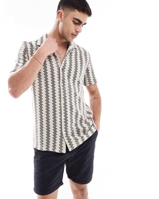 Brave Soul White Short Sleeve Knitted Shirt With Textured Stripe for men
