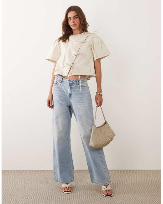 Ghospell White Cotton Asymmetric Bow Detail Boxy Short Sleeve Top