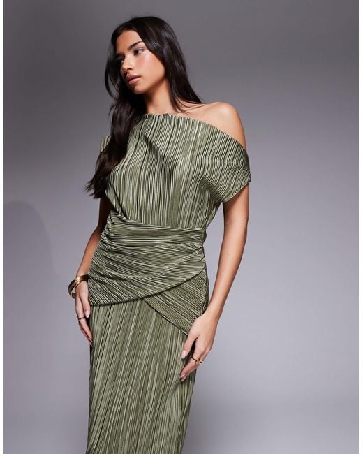ASOS Green Plisse Twist Waist One Shoulder Midi Dress