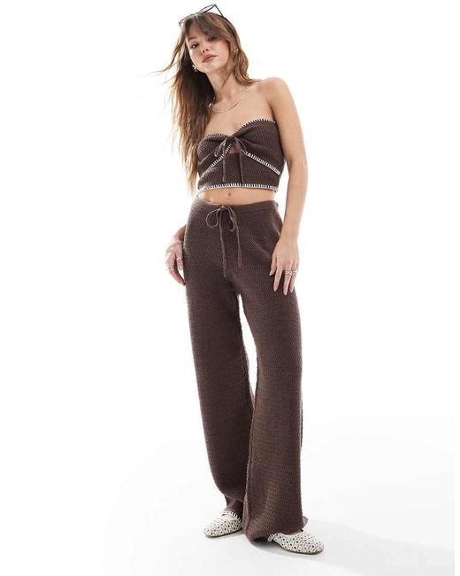 4th & Reckless Brown Knitted Contrast Stitch Cut Out Bandeau Beach Top Co-ord