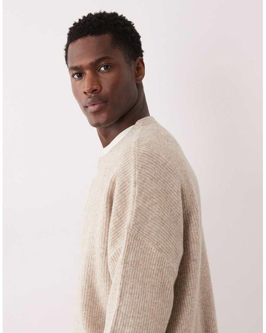 ASOS Natural Oversized Knit Fisherman Rib Wool Blend Crew Neck Cardigan for men