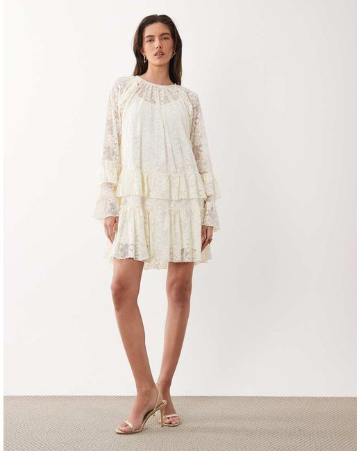 Y.A.S Natural Floral Lace Ruffle Detail Mini Dress