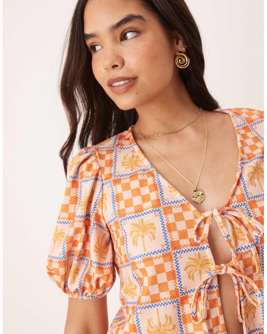 Top d'ensemble noué devant à manches bouffantes avec imprimé vacances et palmiers ASOS en coloris Brown