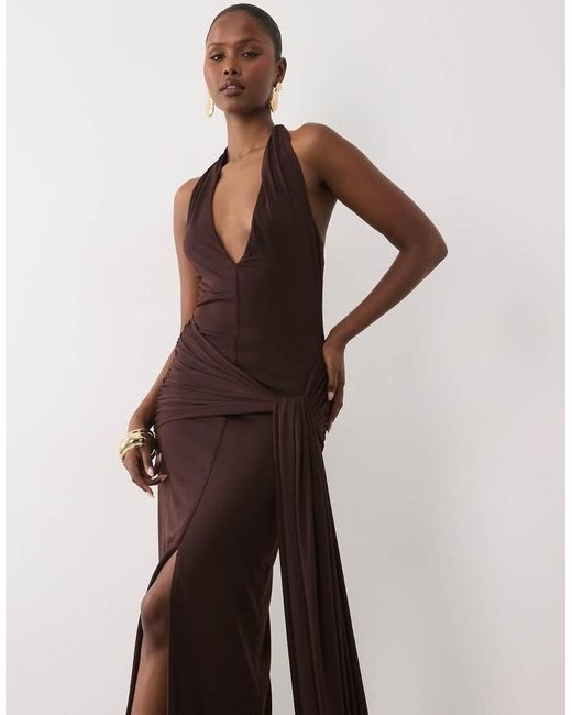 TFNC London Brown Slinky Halterneck Plunge Maxi Dress