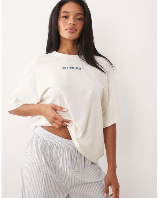 ASOS White "but First, Sleep" Embroidered Oversized Short Sleeve Top & Woven Striped Pants Pajama Set