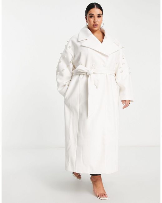 ASOS Curve Longline Coat With Pearl Detail in White | Lyst