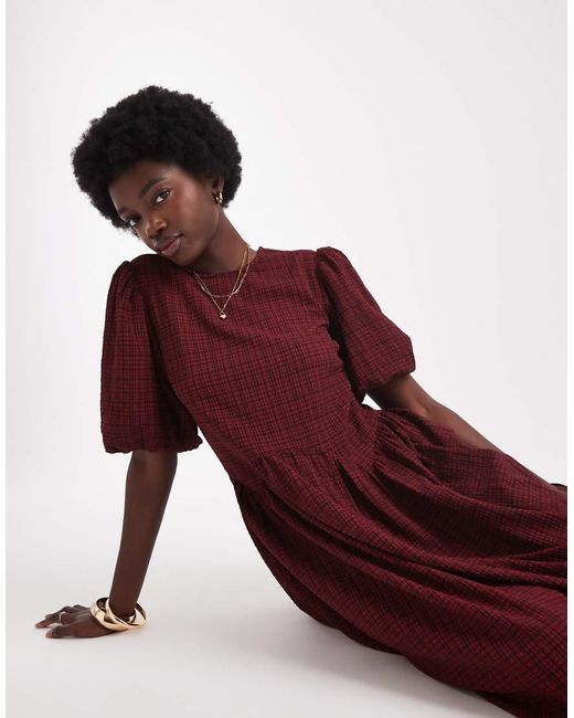 Wednesday's Girl Red Textu Plaid Puff Sleeve Midaxi Dress