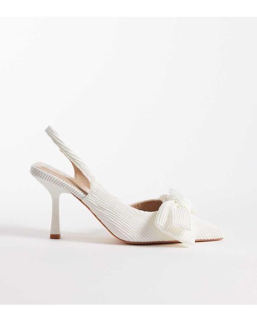 SEQWL Wide Fit White Salado Sling Back Block Heeled Shoe With Bow Detail