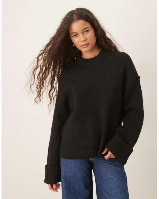 Gina Tricot Black Relaxed Crew Neck Folded Sleeve Knitted Sweater