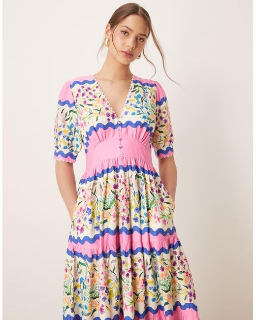Vestito Grembiule Midi Multicolore Con Scollo A V E Maniche A Sbuffo di Hope & Ivy