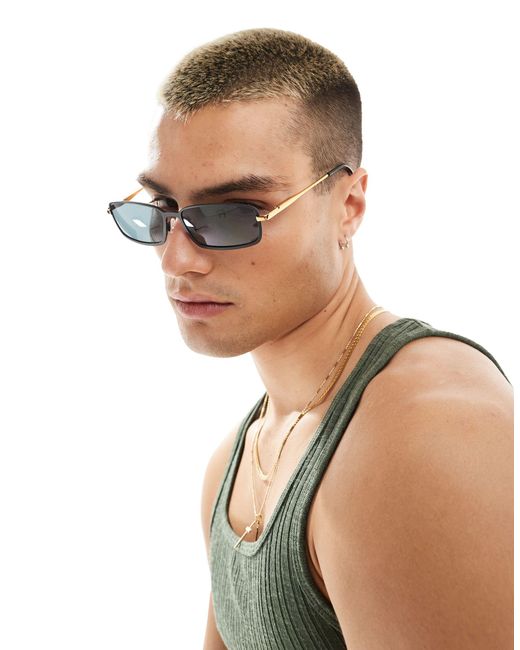 ASOS Black Rectangle Sunglasses With Gold Temples for men