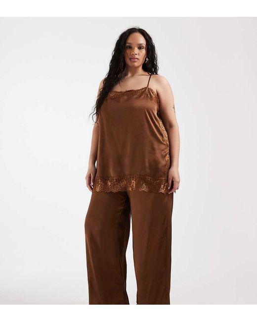 ASOS Brown Asos Design Curve Satin Lace Cami Jumpsuit