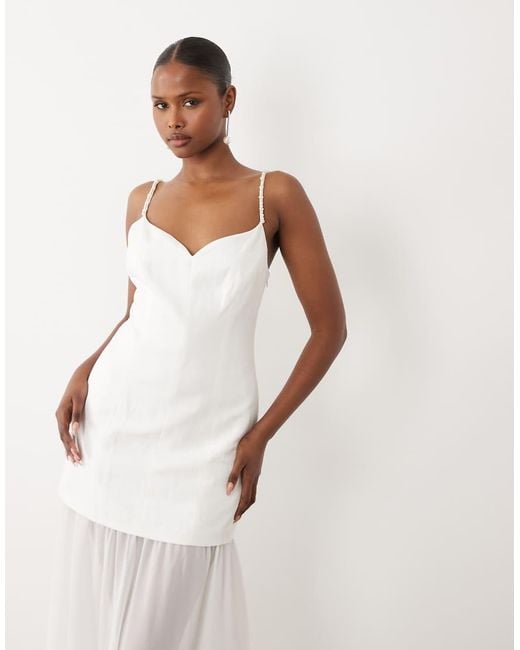 Forever New Natural Linen Mix Mesh Skirt Pearl Strap Maxi Dress