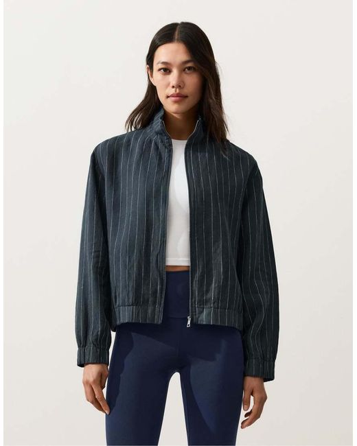 Oysho Blue Pinstriped 100% Linen High-Neck Jacket