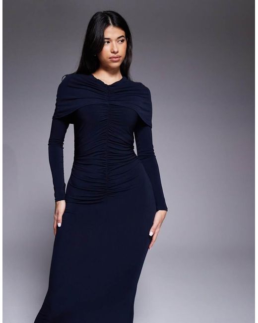 DASKA Blue Slinky Ruched Cape Detail Maxi Dress