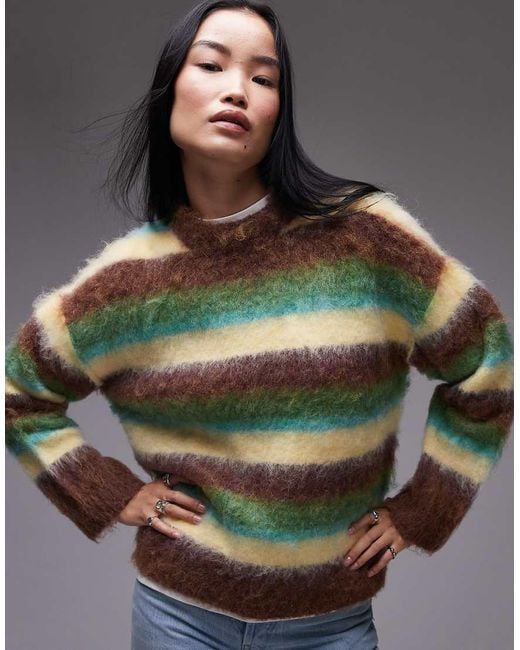 TOPSHOP Brown Knitted Fluffy Stripe Relaxed Jumper