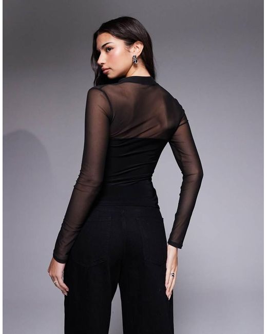 ASOS Black Mesh Slinky Rouleau Loop Long Sleeve Top With Cutout