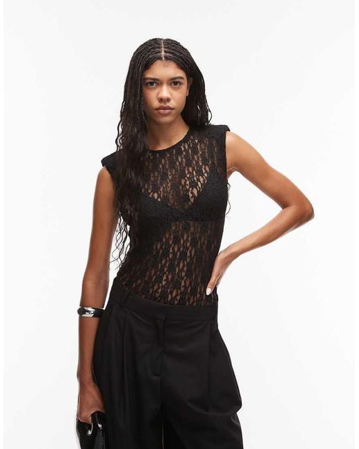 ASOS Black Sheer Lace Shoulder Pad Bodysuit