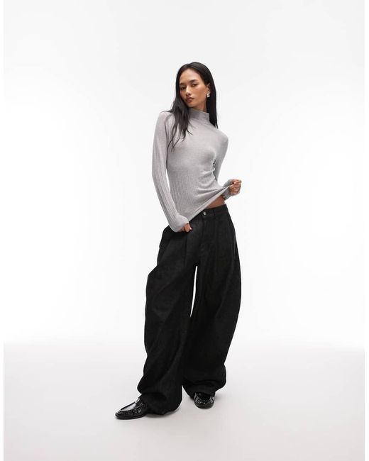 ASOS Gray Pointelle Long Sleeve Funnel Neck Top