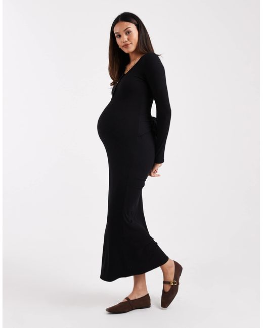 ASOS Asos Design Maternity Ribbed Scoop Button Midi Dress With Tie Detail  in Black | Lyst Australia