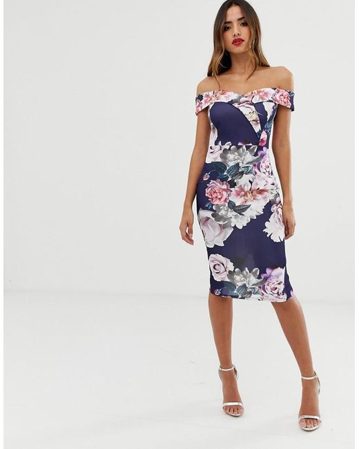 Lipsy Bardot Midi Dress In Floral Print In Navy in Blue | Lyst