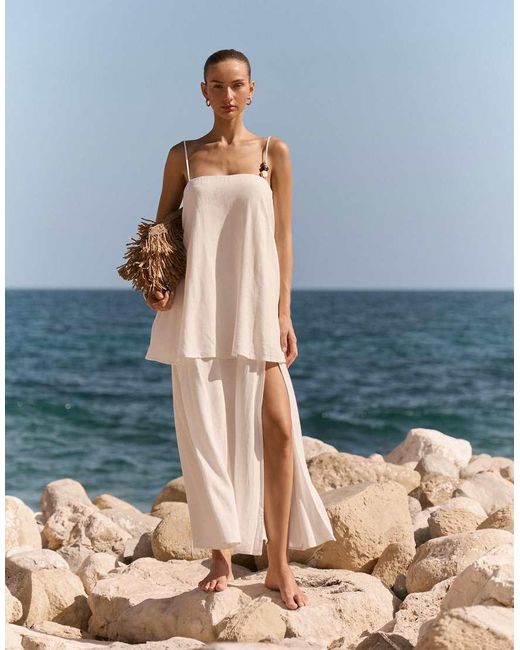 4th & Reckless Blue Linen Look Bead Detail Double Layered Side Split Maxi Dress